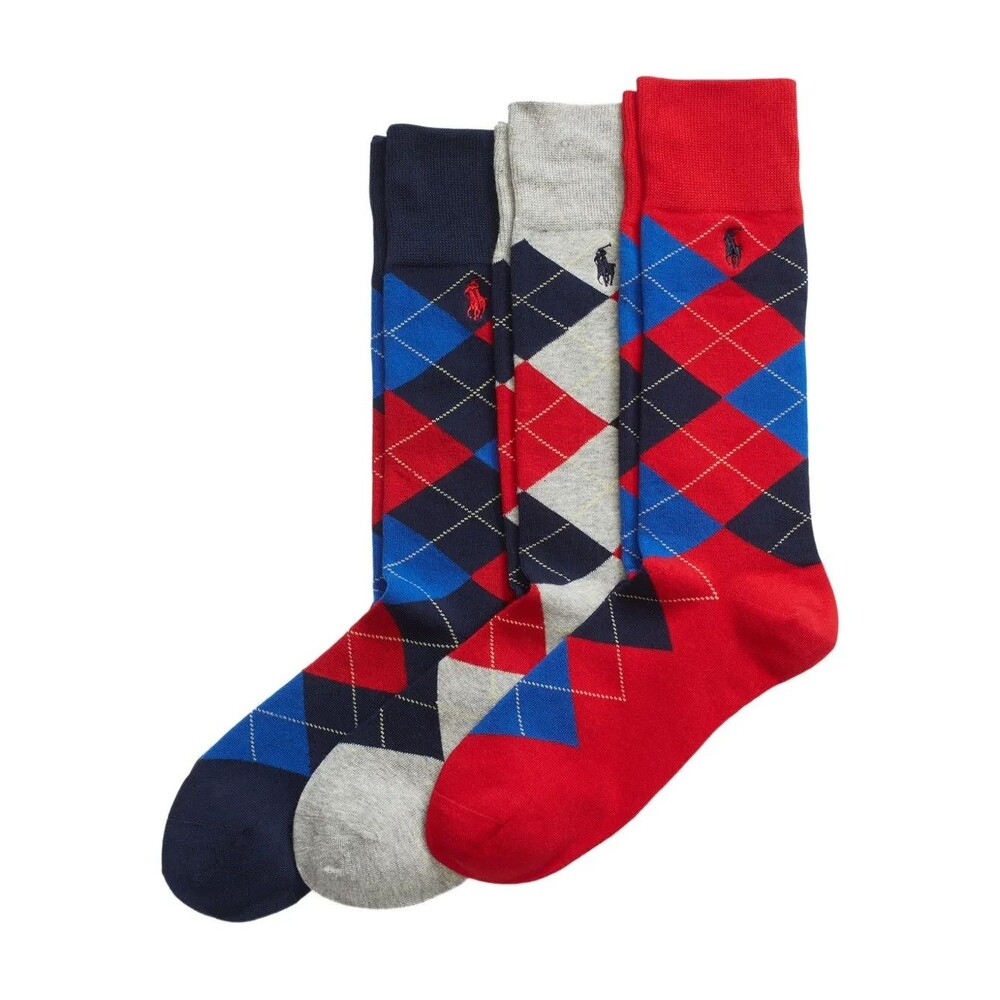 POLO RALPH LAUREN Crew Dress Socks Mens Blue Red Grey Argyle 3-Pack Cotton Blend